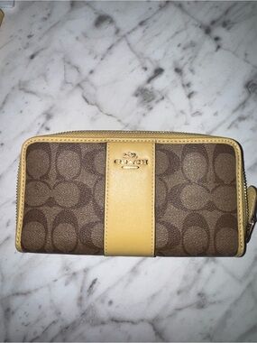 Coach Brown Signature Canvas Wallet with Yellow Stripe